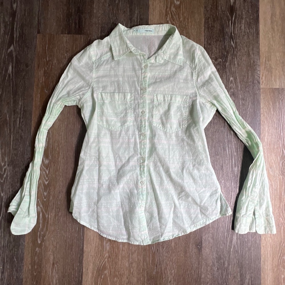 Maurices Button Down Shirt Womens Small‎ Mint Green Striped Long Sleeve Pockets